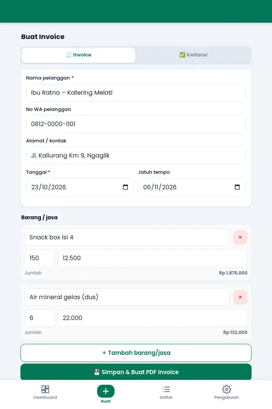 Form buat invoice di aplikasi Invoice Kilat