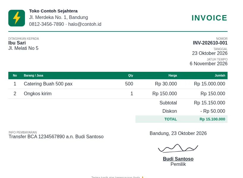 Contoh PDF invoice Invoice Kilat dengan logo dan tanda tangan