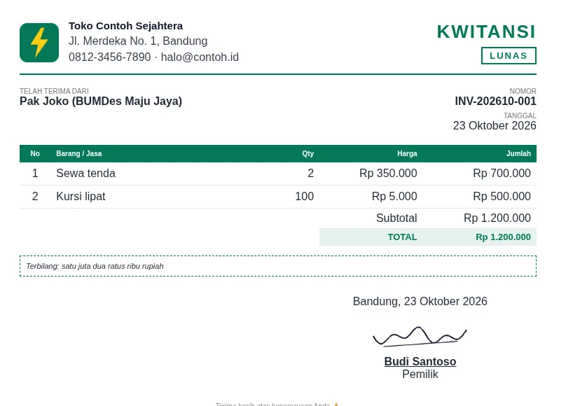 Contoh PDF kwitansi dengan cap LUNAS dan terbilang